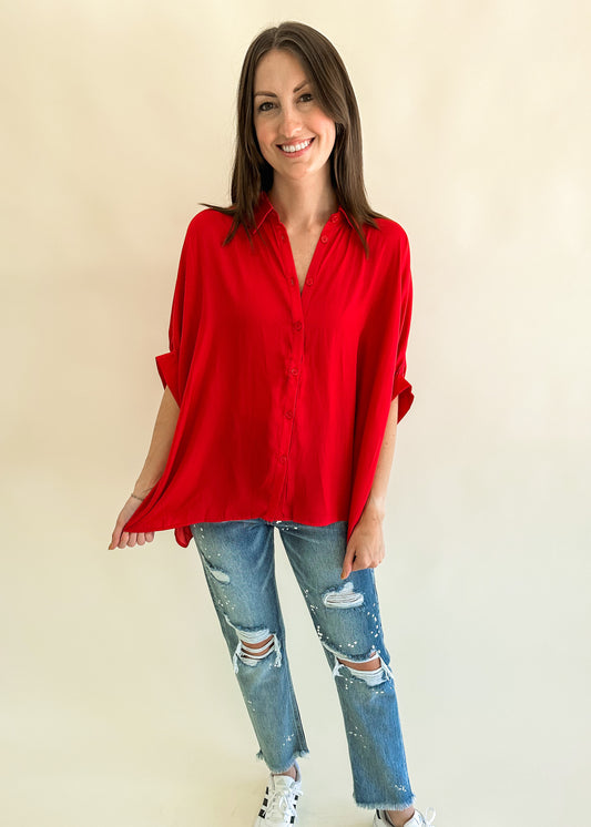 Out and About Oversized Red Satin Top
