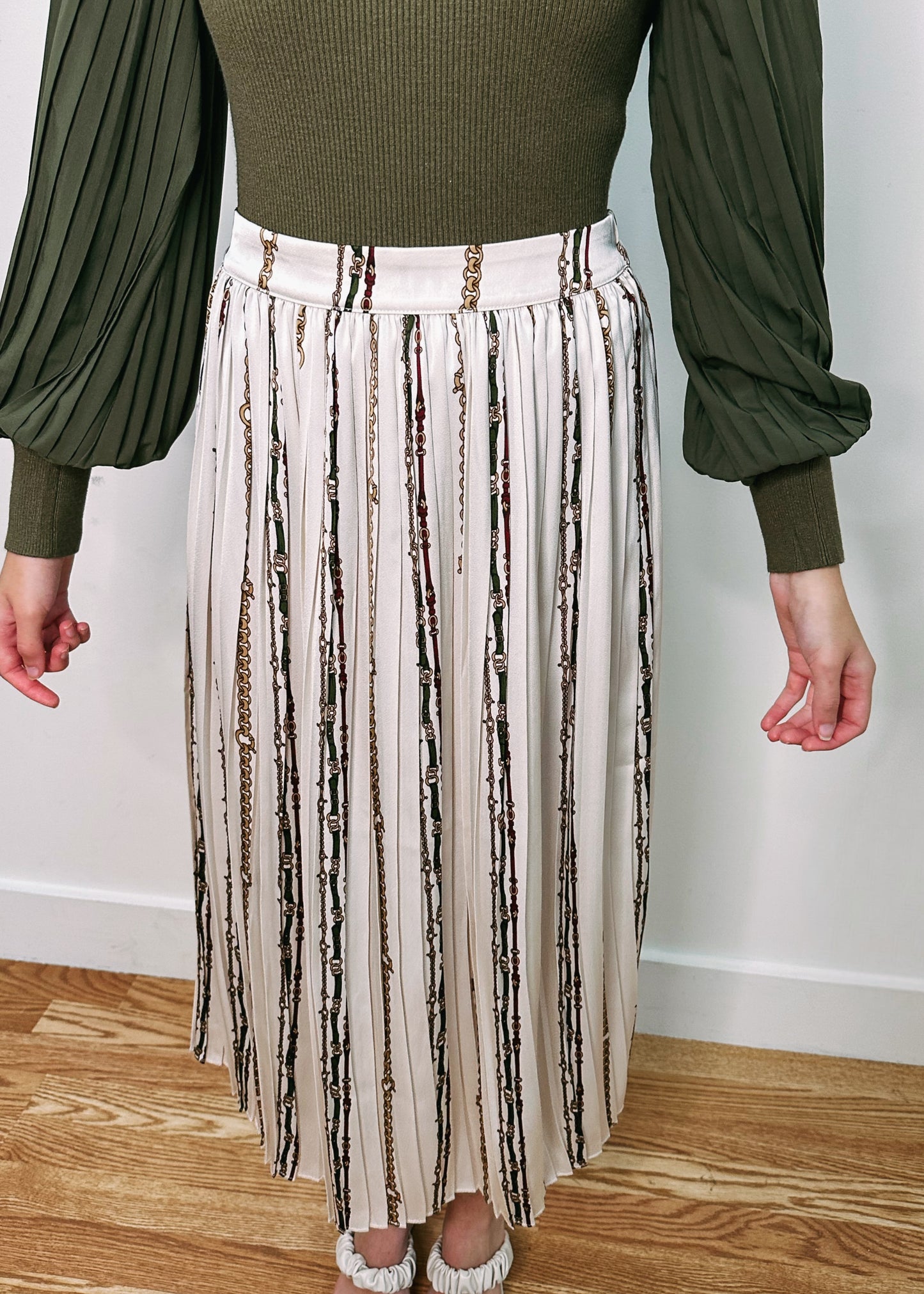 Linked Up Chain Pleated Midi Skirt