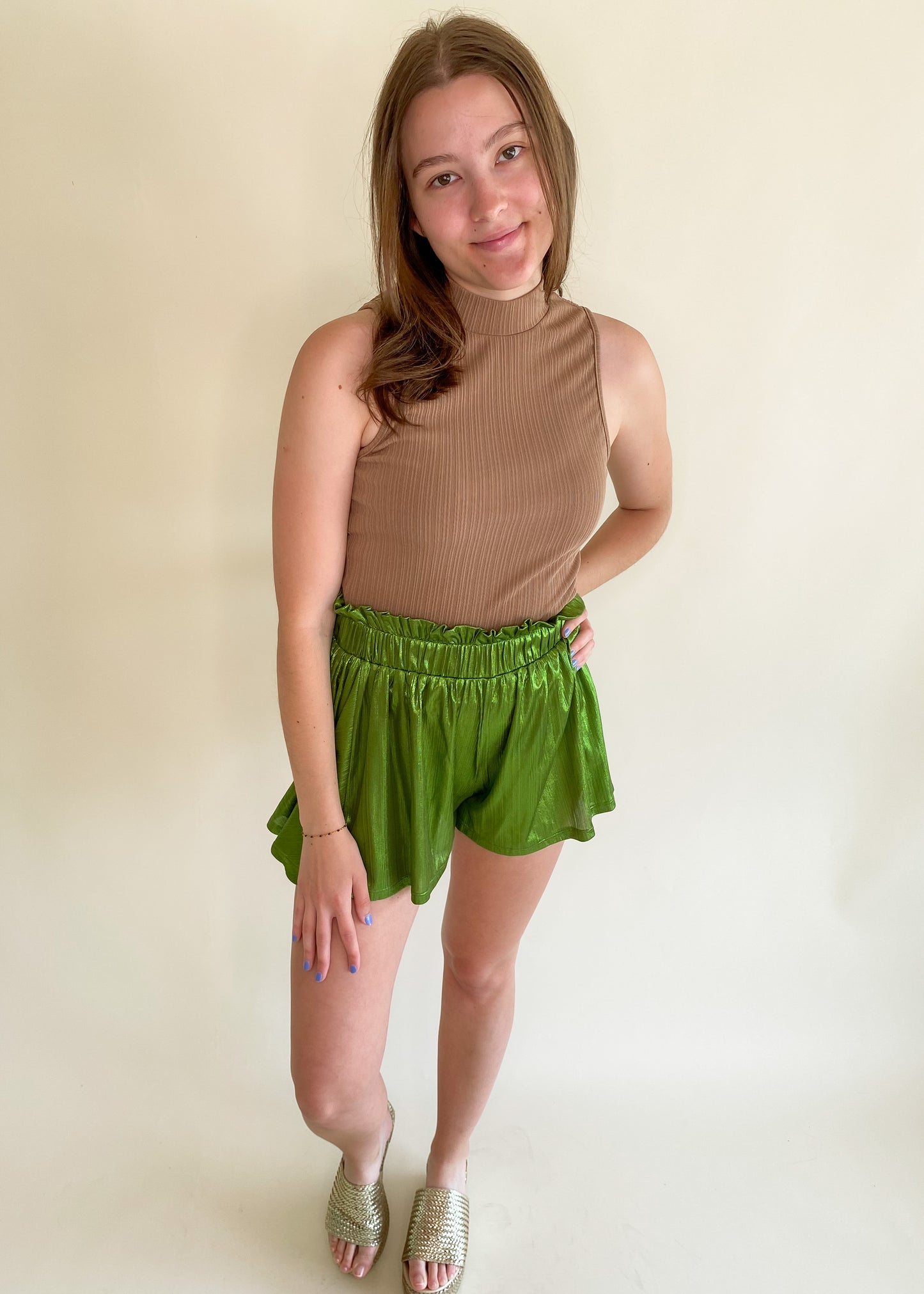 Sweet And Shiny Green Flowy Shorts