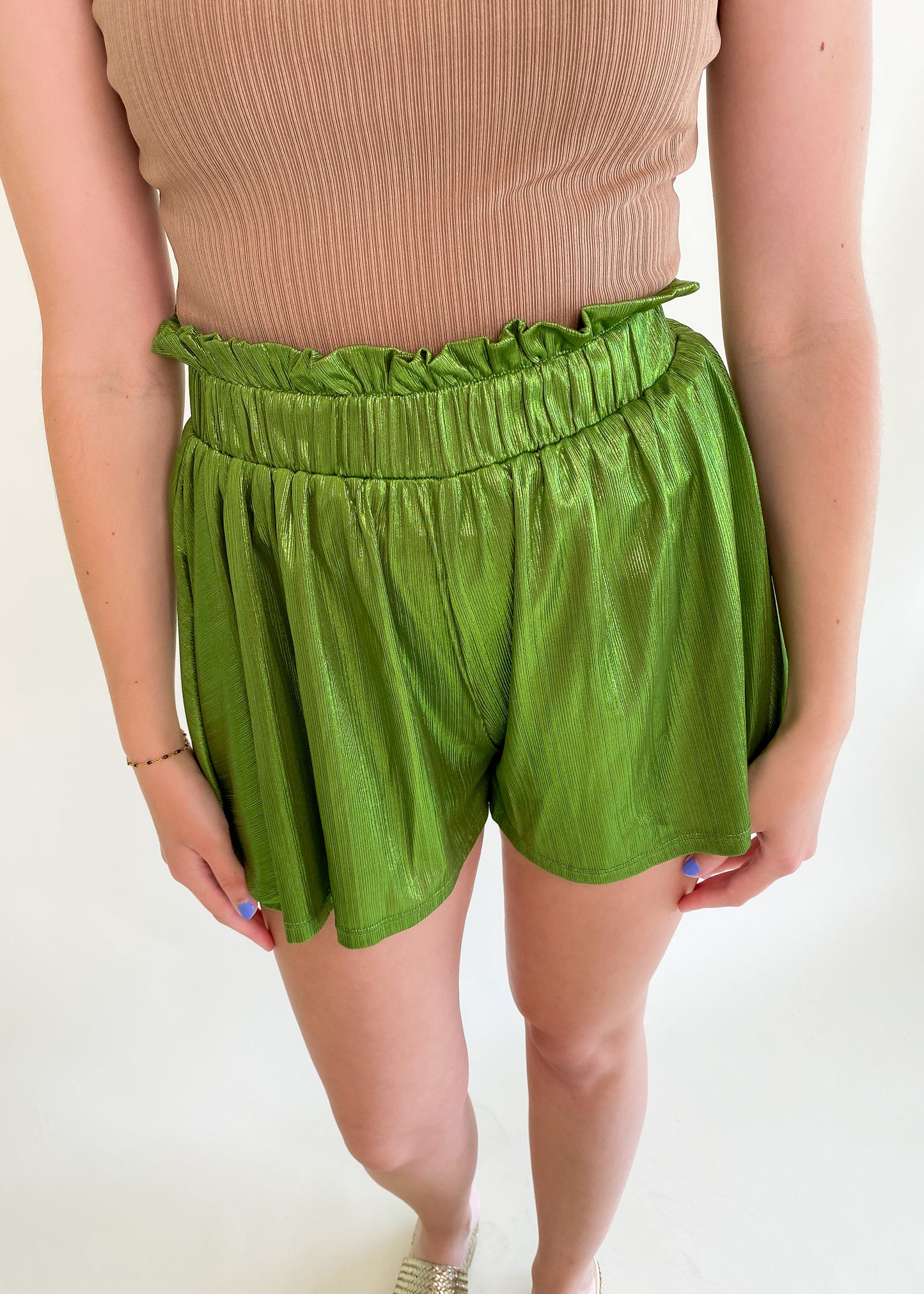 Sweet And Shiny Green Flowy Shorts