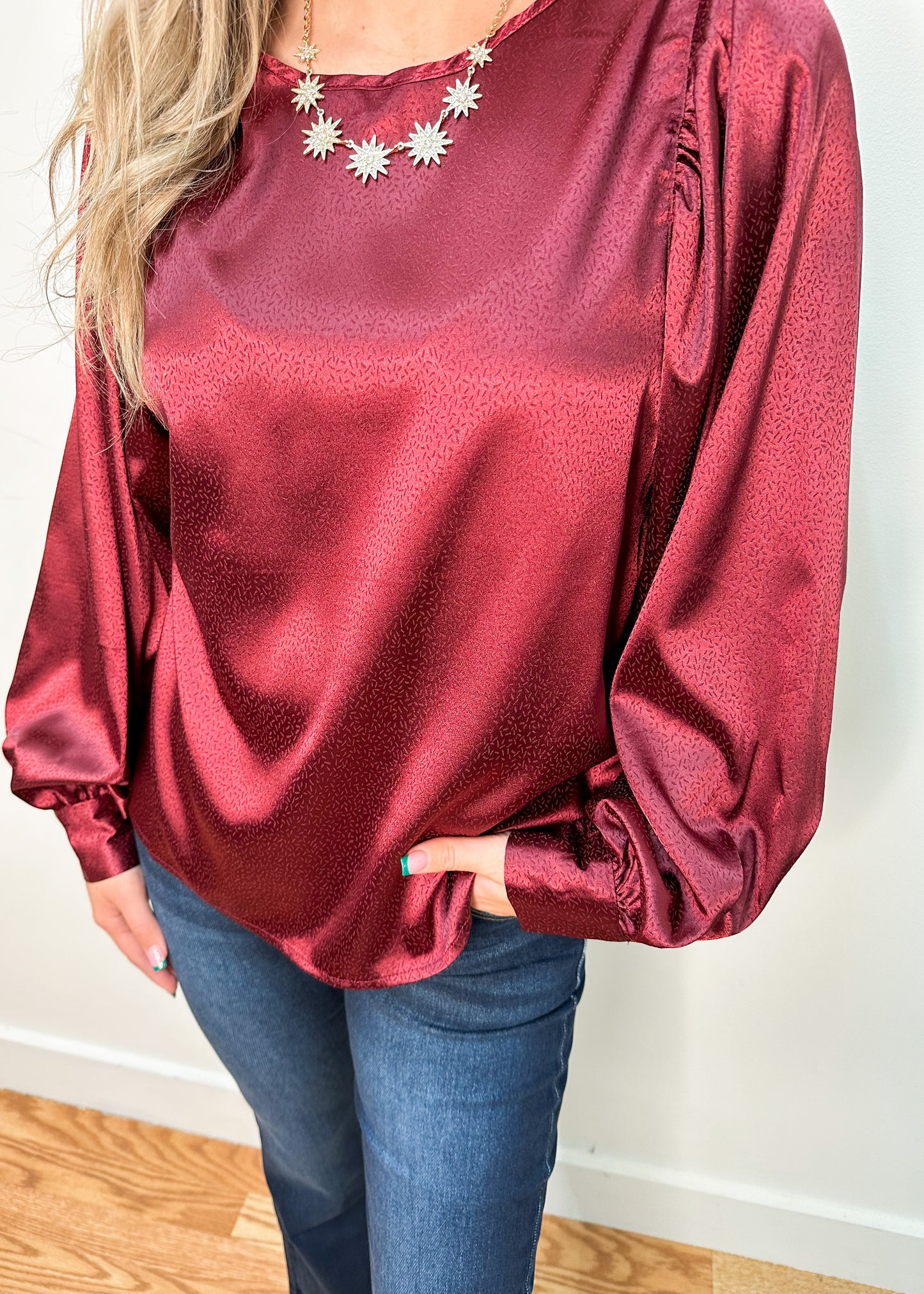 Holiday Wishes Burgundy Satin Top