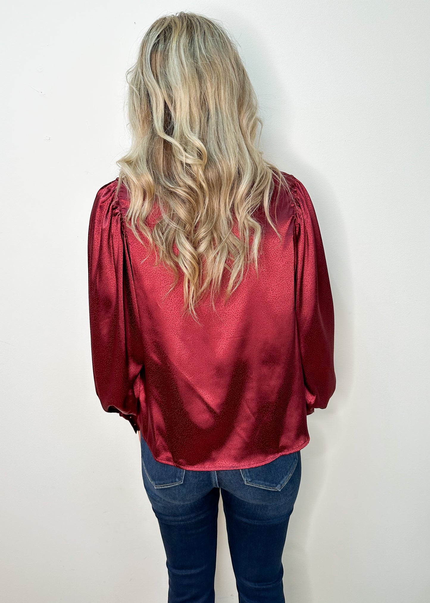 Holiday Wishes Burgundy Satin Top
