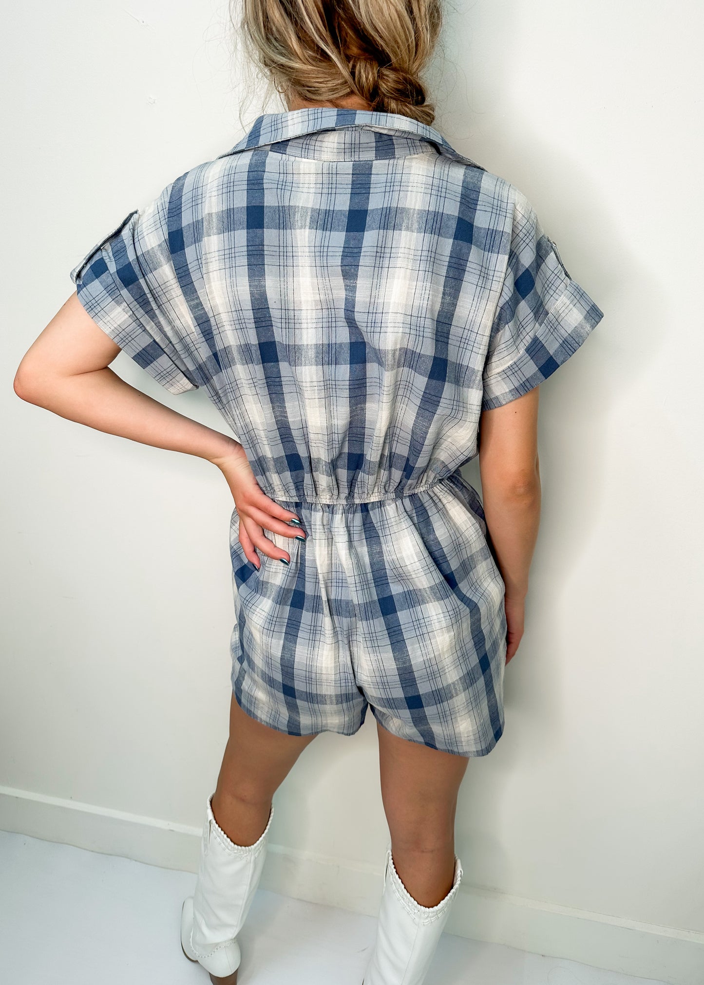 Faded Out Blue Plaid Romper