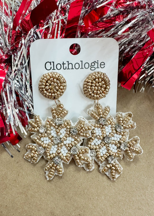 Beaded Gold & White Snowflake Earrings