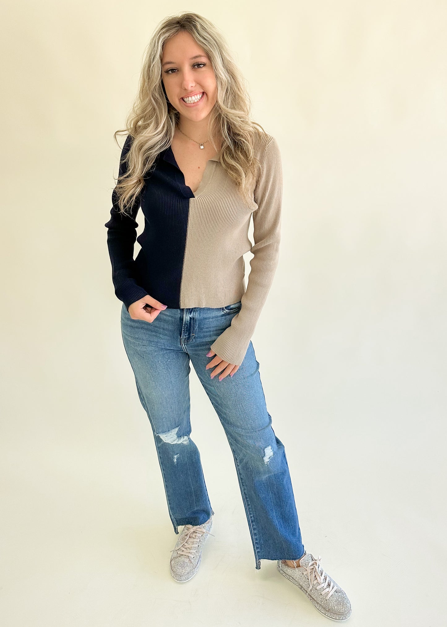 By Your Side Navy & Taupe Sweater