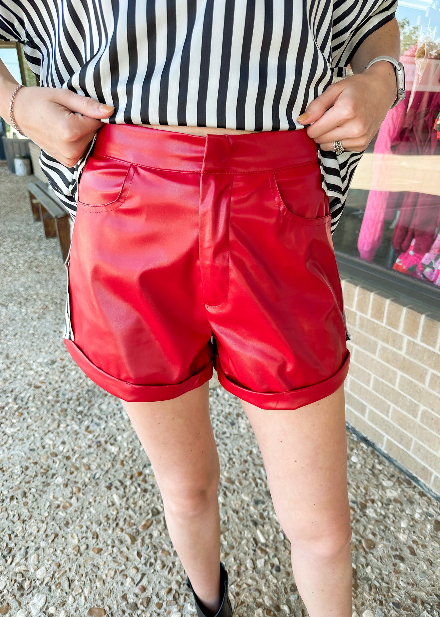 Rock Out Red Faux Leather Shorts