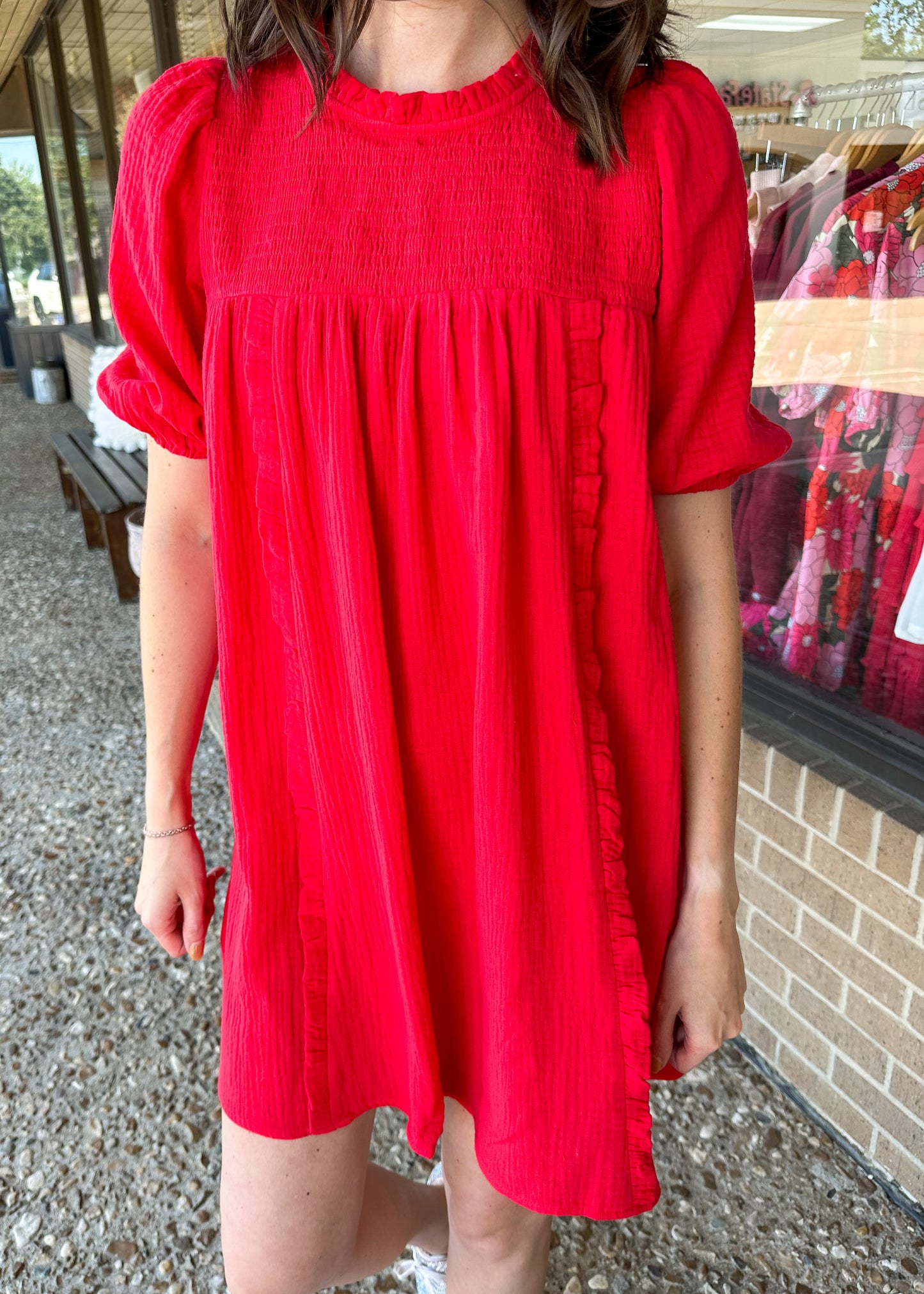 All The Way Red Smocked Dress