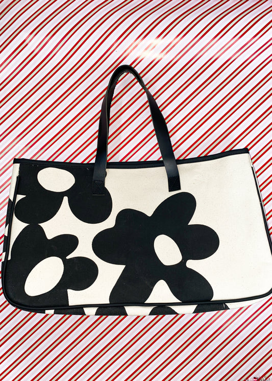 Black And Cream Flower Canvas Bag