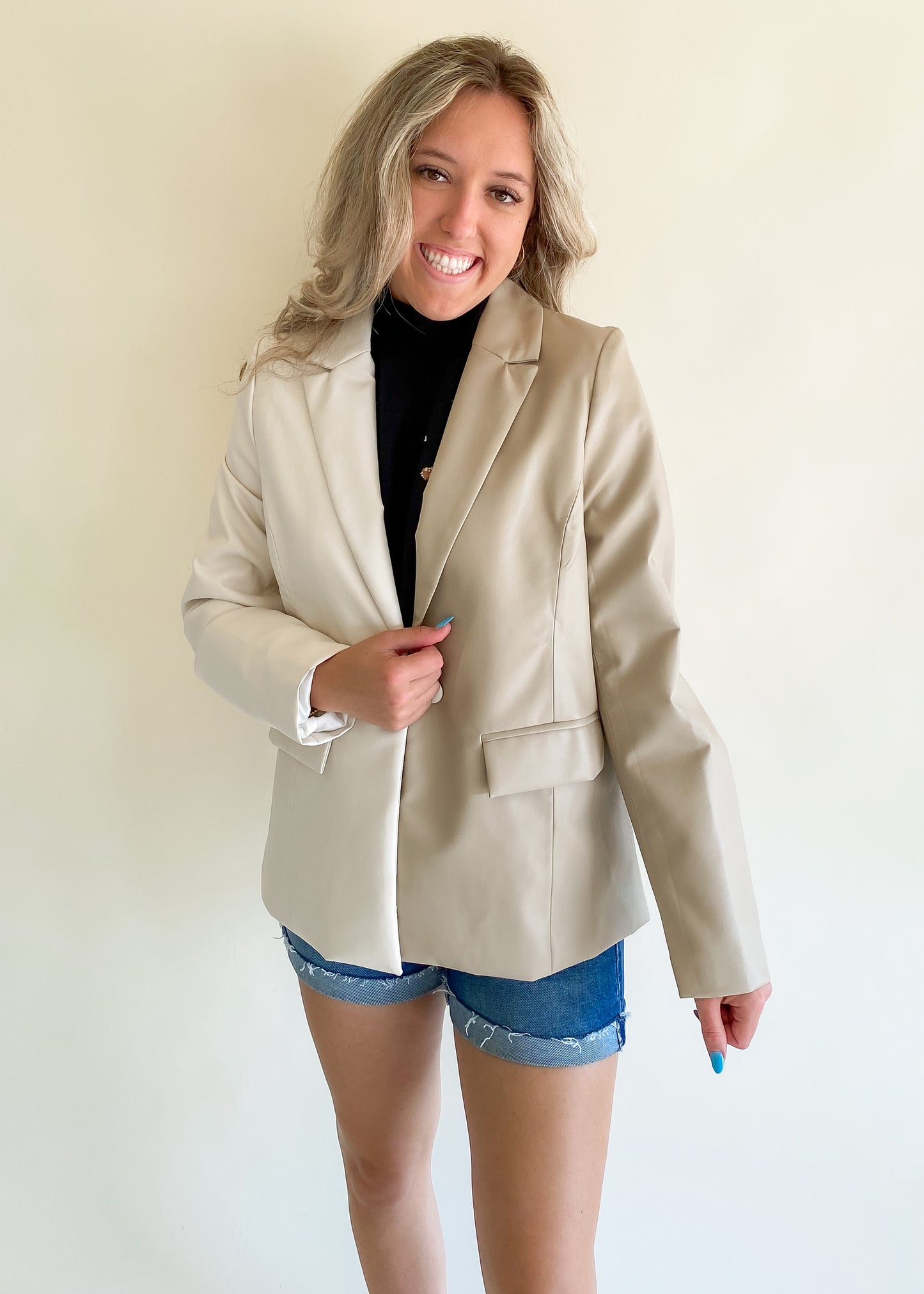 Around The Color Block Faux Leather Blazer