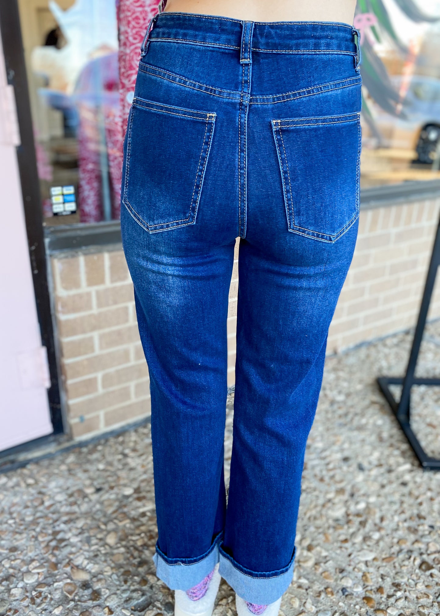 Cuff Denim Straight Leg Jeans