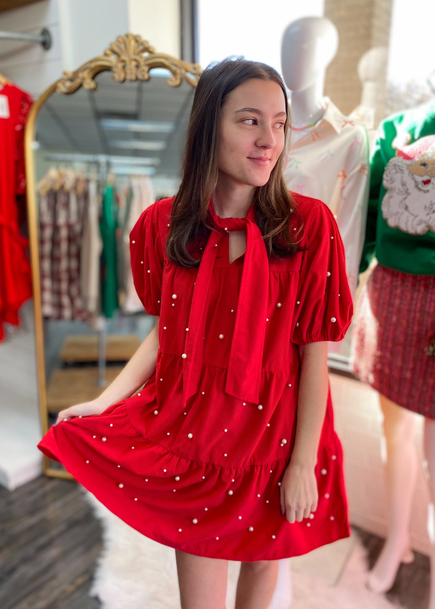 Wishful Thinking Red Corduroy Pearl Dress