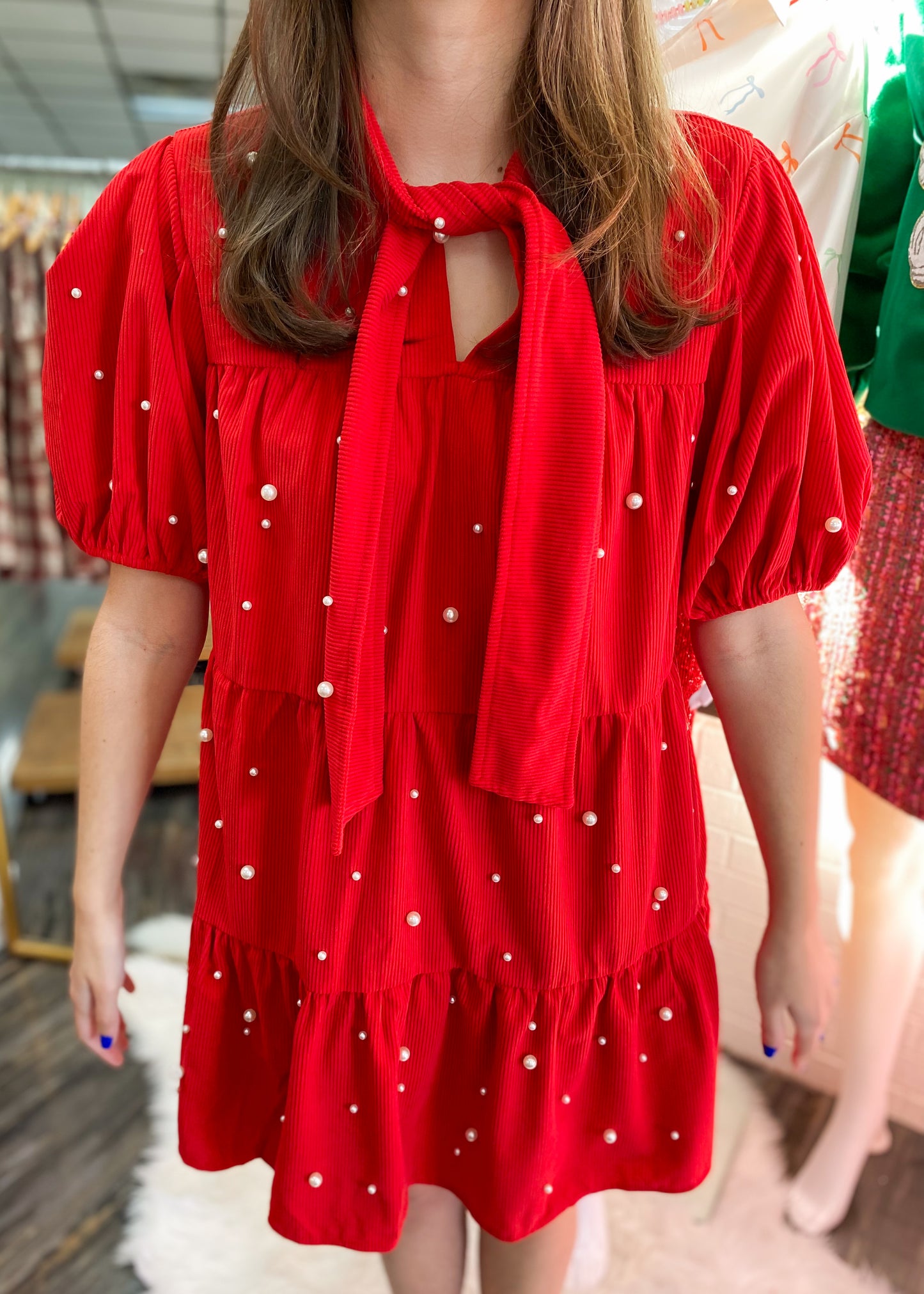 Wishful Thinking Red Corduroy Pearl Dress