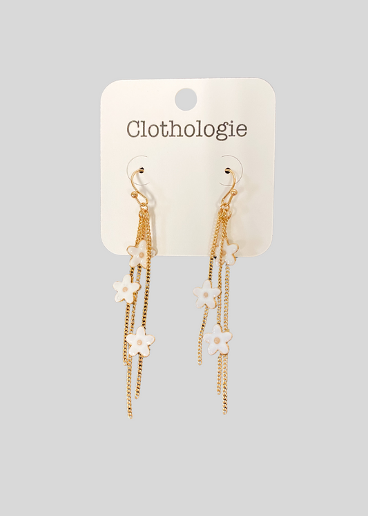 White Flower Gold Chain Earrings