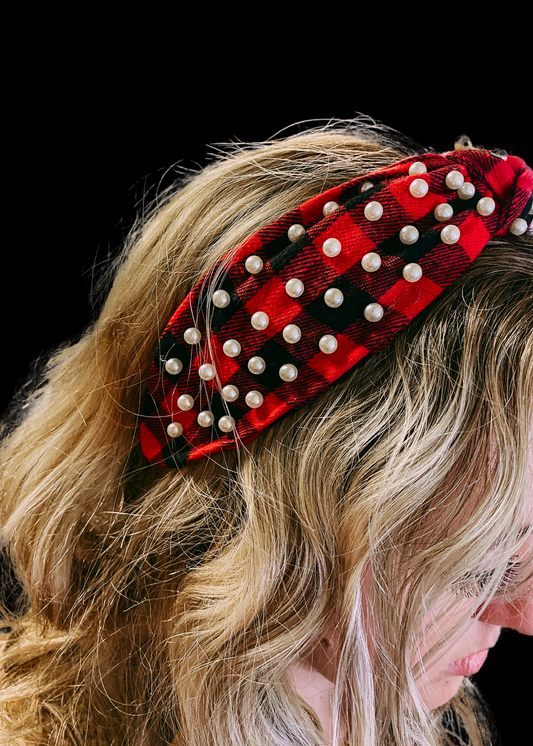 Red Plaid Pearl Headband